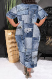 Casual Street Faux Denim Print Pocket O Neck Printed Plus Size Dresses