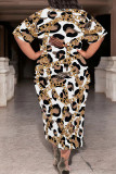 Casual Chain print Pocket Contrast O Neck Printed Plus Size Dresses