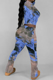 Casual Street Tie Dye Letters Chain print Contrast O Neck Long Sleeve Two Pieces