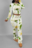 Casual Street Floral Print Contrast O Neck Long Sleeve Two Pieces