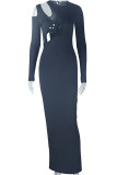 Casual Solid Color Hollow Out Patchwork Asymmetrical Collar Long Dresses