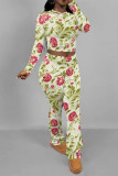 Casual Street Floral Print Tie Dye Contrast O Neck Long Sleeve Two Pieces