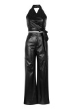 Sexy Casual Solid Color Backless Belted Halter Sleeveless Two Pieces