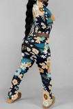 Casual Street Floral Print Contrast O Neck Long Sleeve Two Pieces