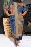 Casual Street Faux Denim Print Pocket O Neck Printed Plus Size Dresses
