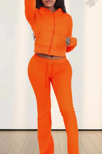 Casual Solid Color Draw String Pocket Patchwork Zipper Hooded Long Sleeve Two Pieces