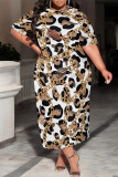 Casual Chain print Pocket Contrast O Neck Printed Plus Size Dresses