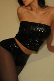 Sexy Solid Color Sequins Patchwork Backless Strapless Two Pieces