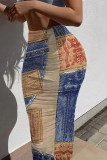 Casual Street Faux Denim Print Contrast Skinny High Waist Full Print Bottoms