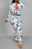 Casual Street Floral Print Contrast O Neck Long Sleeve Two Pieces