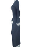 Casual Solid Color Hollow Out Patchwork Asymmetrical Collar Long Dresses