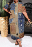 Casual Street Faux Denim Print Pocket O Neck Printed Plus Size Dresses