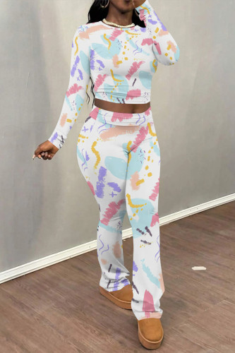 Casual Street Floral Print Tie Dye Contrast O Neck Long Sleeve Two Pieces
