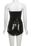 Sexy Solid Color Sequins Patchwork Backless Strapless Two Pieces