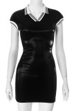 Sexy Patchwork Contrast V Neck Wrapped Skirt Dresses