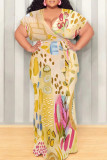 Sexy Floral Print Lace Up V Neck Printed Plus Size Dresses