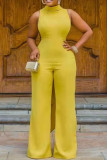 Casual Solid Color Hollow Out Patchwork O Neck Regular Jumpsuits