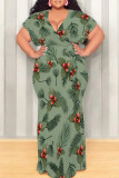 Sexy Floral Print Lace Up V Neck Printed Plus Size Dresses