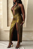 Sexy Hot Solid Color Backless Slit Halter Long Dresses