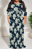 Casual Print Patchwork Strap Design O Neck Long Plus Size Dresses