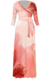Elegant Floral Print Gradient Lace Up Contrast V Neck Printed Dresses