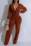 Casual Solid Color Zipper Hooded Fitted Jumpsuits