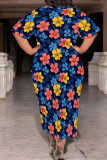 Casual Print Patchwork O Neck Long Plus Size Dresses