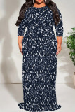 Casual Print Patchwork Strap Design O Neck Long Plus Size Dresses