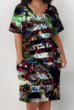 Casual Letter Print Flowers Leopard Pocket Contrast V Neck Printed Plus Size Dresses