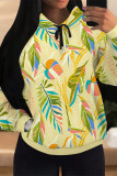 Casual Geometric Print Flowers Draw String Pocket Hooded Tops
