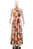 Elegant Print Patchwork Strap Design O Neck Long Dresses