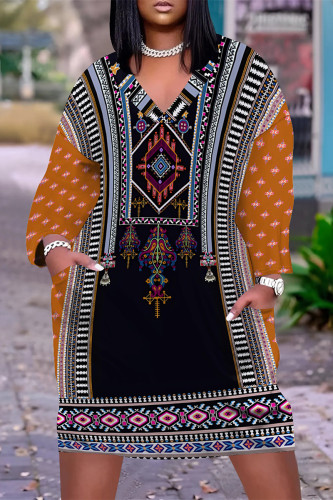 Casual Geometric Print Flowers Pocket Contrast V Neck Printed Plus Size Dresses