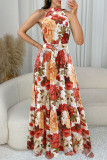 Elegant Print Patchwork Strap Design O Neck Long Dresses