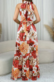 Elegant Print Patchwork Strap Design O Neck Long Dresses