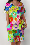 Casual Letter Print Flowers Leopard Pocket Contrast V Neck Printed Plus Size Dresses