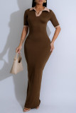 Casual Patchwork Contrast Turndown Collar Long Dresses