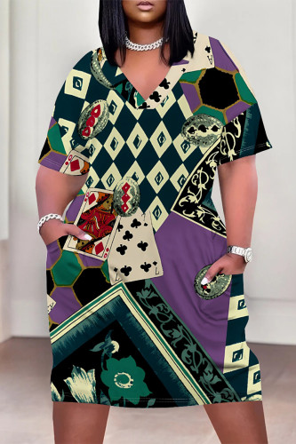 Casual Geometric Print Poker Pocket Contrast V Neck Printed Plus Size Dresses