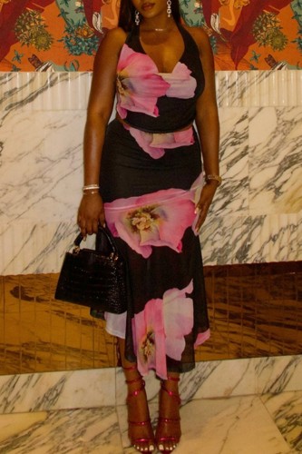 Sexy Casual Floral Print Backless Belted Halter Sleeveless Two Pieces
