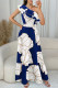 Casual Print Patchwork Backless Ruffled Trim Oblique Collar Long Dresses