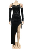Sexy Solid Color Draw String Lace Up Backless Spaghetti Strap Long Dresses