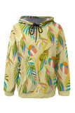 Casual Geometric Print Flowers Draw String Pocket Hooded Tops