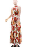 Elegant Print Patchwork Strap Design O Neck Long Dresses