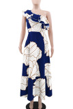 Casual Print Patchwork Backless Ruffled Trim Oblique Collar Long Dresses