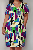 Casual Geometric Print Poker Pocket Contrast V Neck Printed Plus Size Dresses