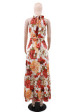 Elegant Print Patchwork Strap Design O Neck Long Dresses
