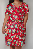 Casual Letter Print Flowers Leopard Pocket Contrast V Neck Printed Plus Size Dresses