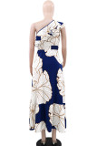 Casual Print Patchwork Backless Ruffled Trim Oblique Collar Long Dresses