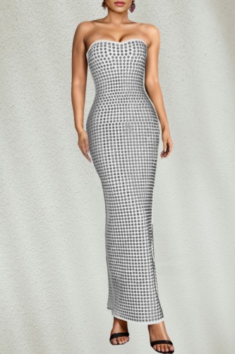Sexy Patchwork Hot Drilling Backless Slit Strapless Long Dresses