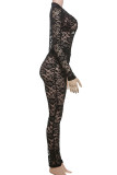 Sexy Solid Color Lace Patchwork See-Through V Neck Long Sleeve Two Pieces