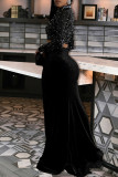 Sexy Solid Color Sequins Patchwork High Slit O Neck Long Sleeve Two Pieces